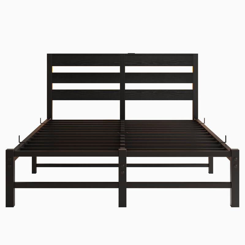 Full Size Bed Frame with RGB, Charging Station, Wood Storage Headboard, Metal Platform Bed with Heavy Duty Slats Support