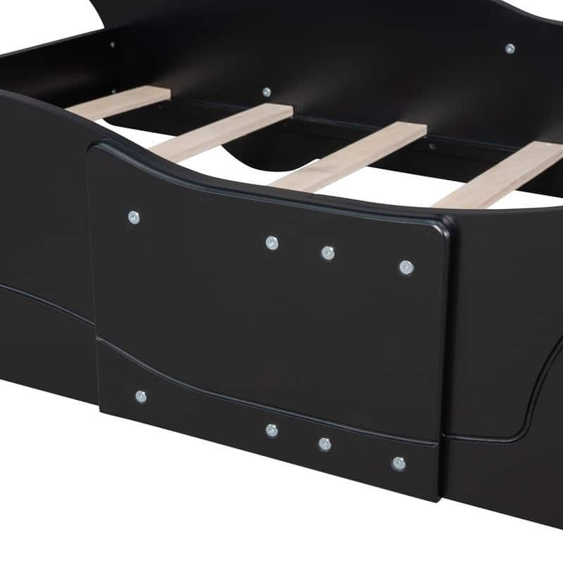 Twin Size Race Car-Shaped Platform Bed with Wheels, Black, Plywood, Bed Frame