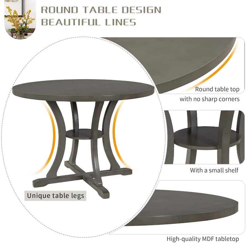 5 Piece Round Dining Table Upholstered Chair Set with Special-Shaped Legs and Hollow Chair Back, Under Table with Shelf