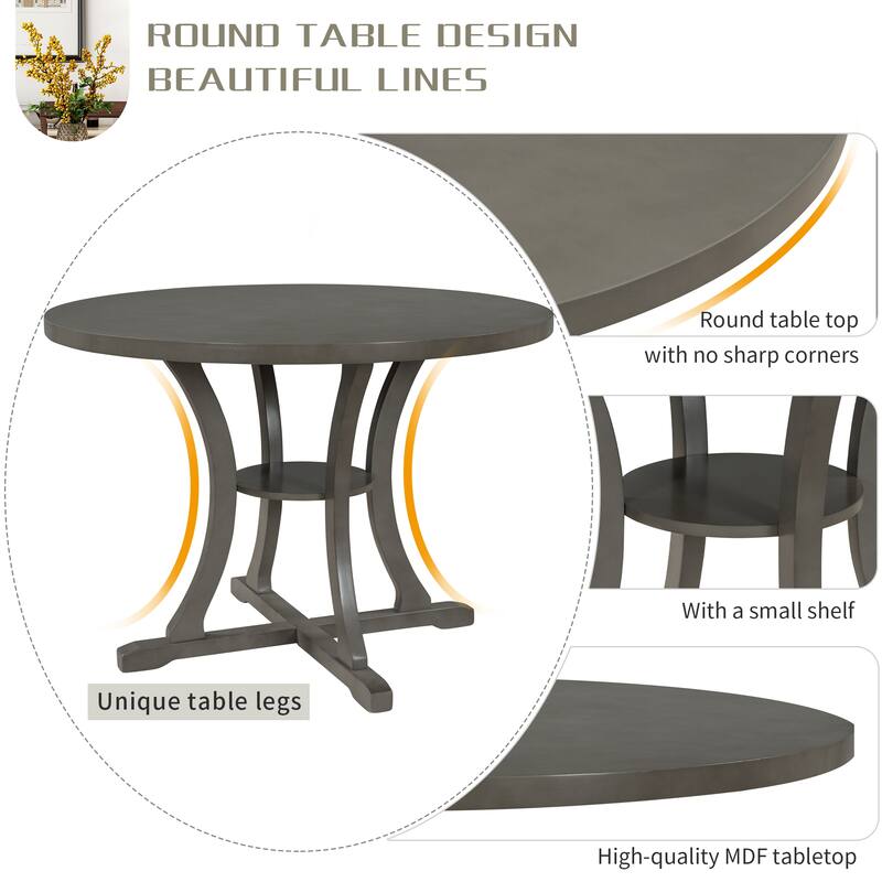 5-Piece Wooden Dining Table Set with Round Table, 4 Chairs & Shelf
