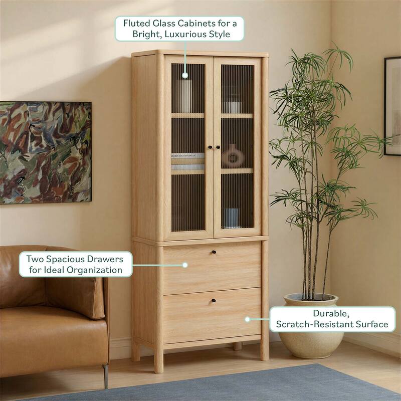 Walker Edison Modern Fluted Glass Bookshelf Cabinet with Drawers