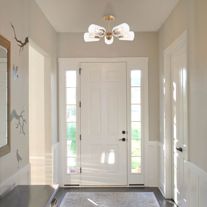 Jaynie 21.5" 5-Light Farmhouse Industrial Iron Cylinder LED Semi Flush Mount, Brass Gold/Clear by JONATHAN Y