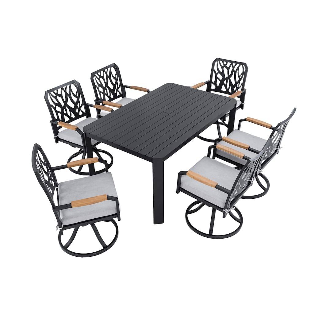 7-Piece Patio Dining Set - Swivel Rockers with Rectangular Aluminum Table and Umbrella Hole, Bourbon Brown