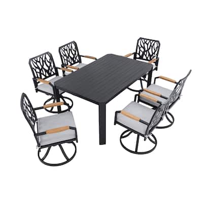 7 Piece Outdoor Aluminum Furniture Set with 6 Swivel Rocking Chairs and Rectangular Table, Patio Dining Set with Umbrella Hole