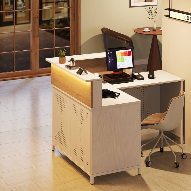 Modern L-Shaped Reception Desk with LED Lights, 60 Inches Front Counter Table for Office, Lobby, Beauty Salon