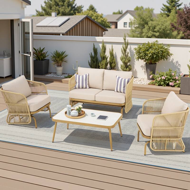 Pocassy Patio Sofa Glider Chair with Coffee Table - Yellow Wicker Beige Cushion - 4-Piece 2-Seat Sofa Glider Chair with Coffee Table