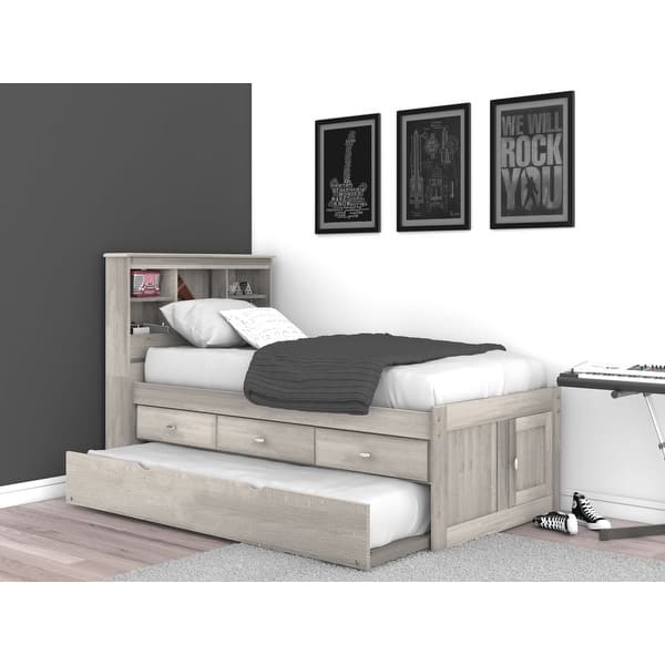 slide 2 of 5, OS Home and Office Furniture 85220K3-22 Solid Pine Twin Captains Bookcase Bed with 3 drawers and Twin Sized Trundle in Light Ash