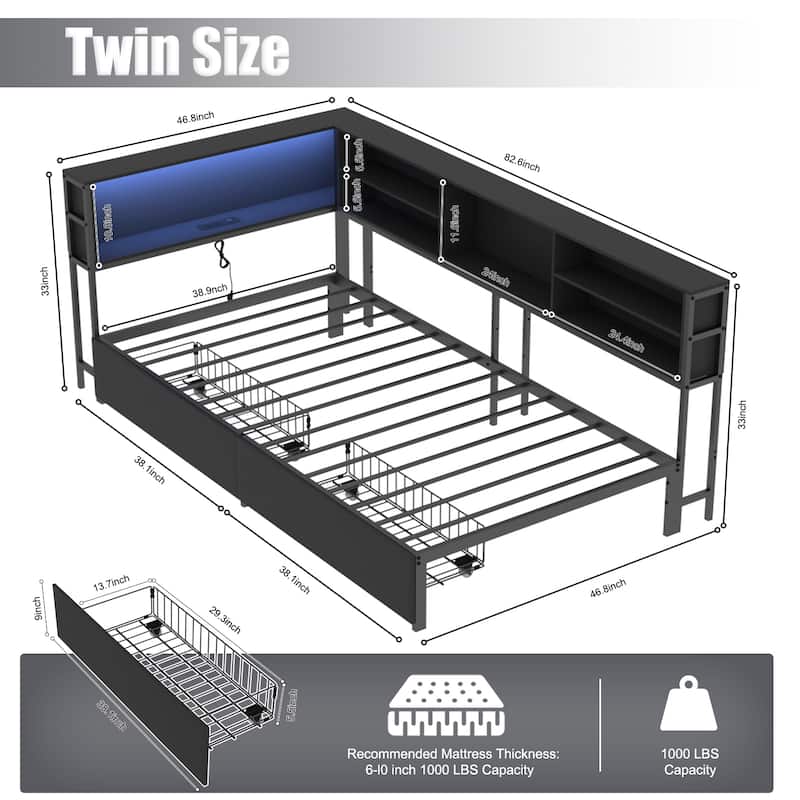 Kids Corner Bed with Storage, Twin/Full Daybed with Drawers, Bookcase Headboard with Charging Station & LED Lights