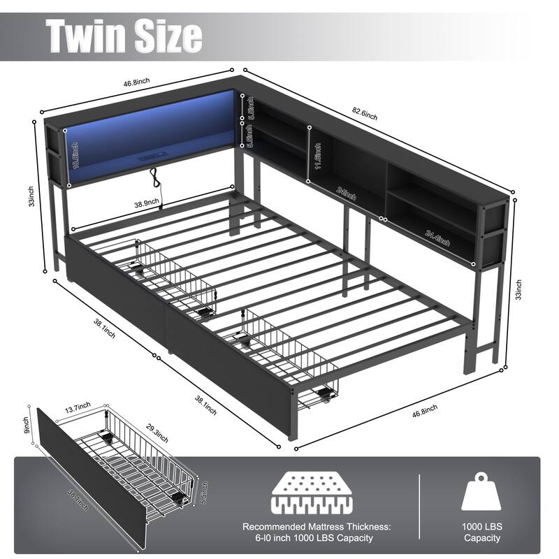 Twin Corner Daybed with Storage Drawers, Bookcase Headboard, LED Lighting & USB Charging Station