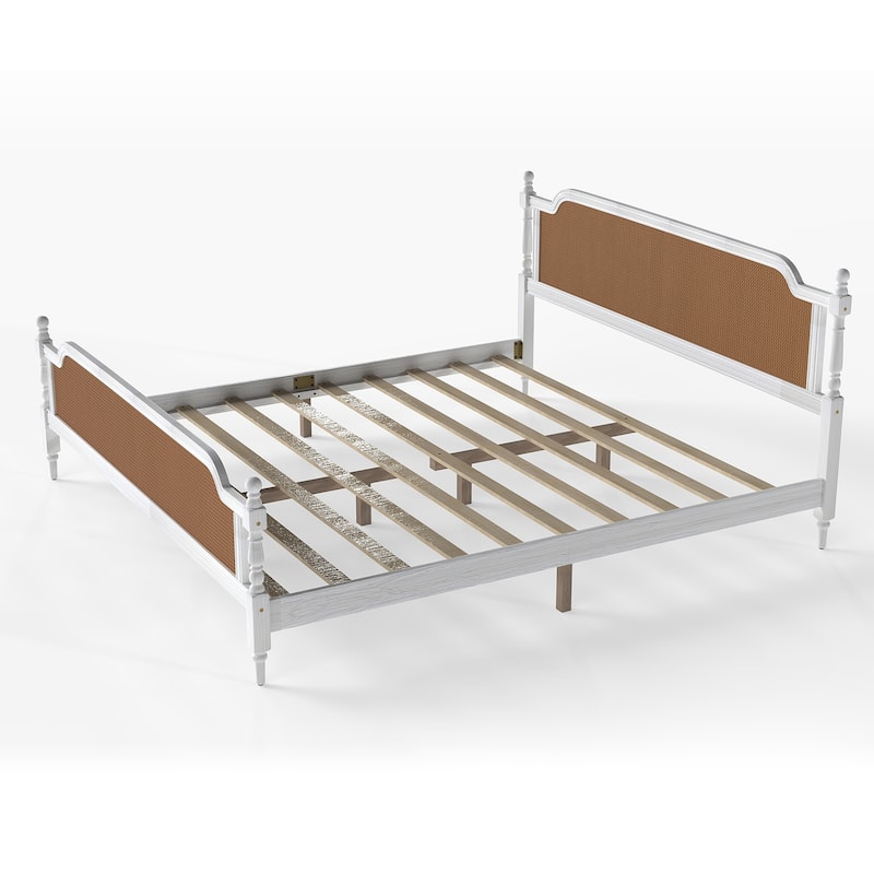 Wooden Platform Bed Bed Frame w/Hand-Woven Rattan Headboard & Footboard, Boho and Mid Century Style Bed Frame, Solid Pine Wood