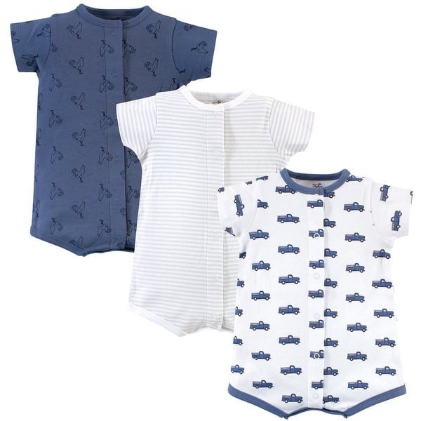 slide 1 of 1, Touched by Nature Baby Boy Organic Cotton Rompers 3pk, Truck 12 - 18 Months - Blue