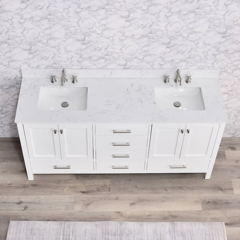 Prismatica 72 in. White Vanity with Countertop & Splash, Double Sinks