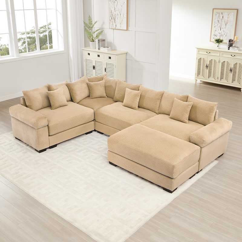 GDFStudio - Corduroy 5-Seater 116.9" Cloud Modular Sectional Couch with Ottoman - Camel