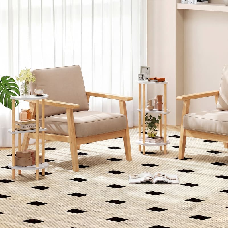 Gymax 24'' Round Side Table Set of 2 w/Storage Shelves Bamboo