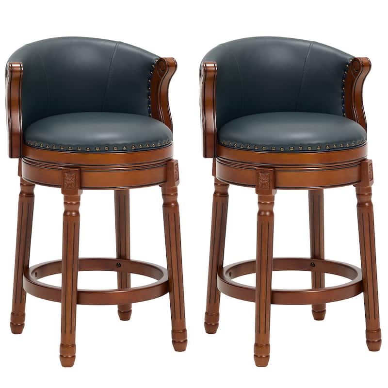 Cow Print Leather Swivel Bar Stool with Back, Wooden Frame & 360-Degree Spin, Bar Height, Blue