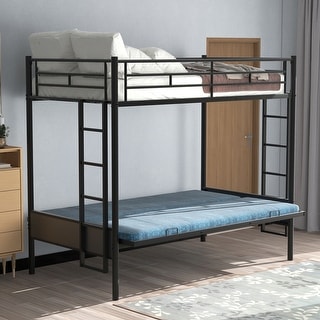 Twin Over Full Metal Bunk Bed with Guardrail, Lower Bunk Bedframe Converts into Futon, for Kids Bedroom, No Spring Box Required