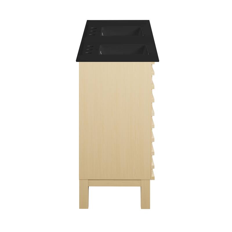 Cascade 48 In. Natural Oak, Double Basin Bathroom Vanity With Black, 3-Hole Ceramic Sink Top