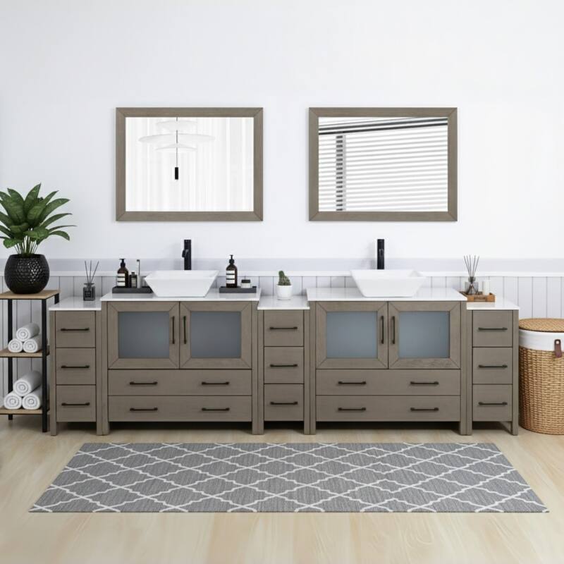 Vanity Art 108" Double Sink Bathroom Vanity Set with Engineered Marble Top and Free Mirrors - Driftwood Gray