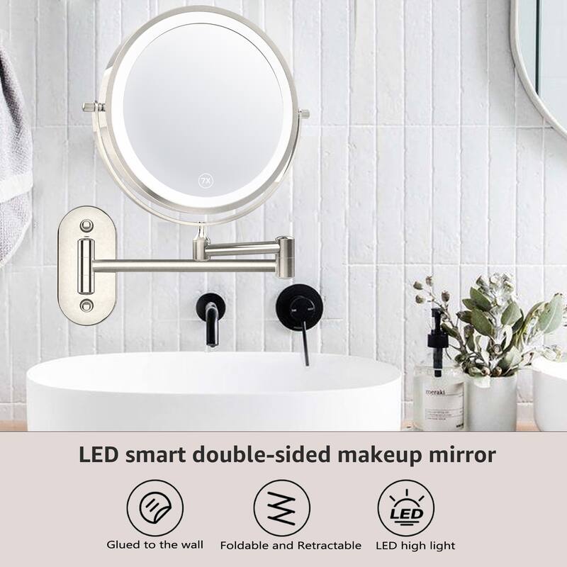 Yulika Rechargeable Lighted Wall Mounted Makeup Mirror with 3 Color Lights Double Sided 1X/10X or 1X/7X