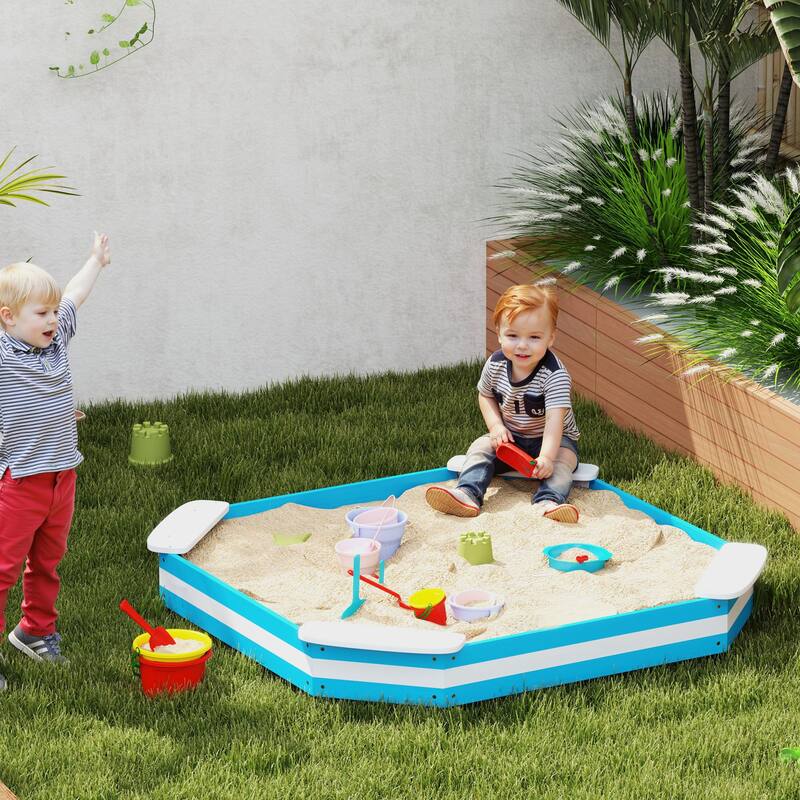 Blue-White Fir Wood Kids Sandbox with Four Seats and Nautical Design - 52.4" L x 52.4" W x 6.3" H - Blue-White