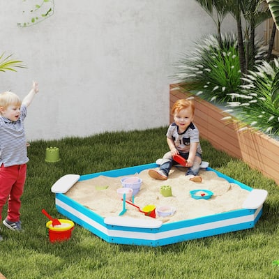 Blue-White Fir Wood Kids Sandbox with Four Seats and Nautical Design - 52.4" L x 52.4" W x 6.3" H