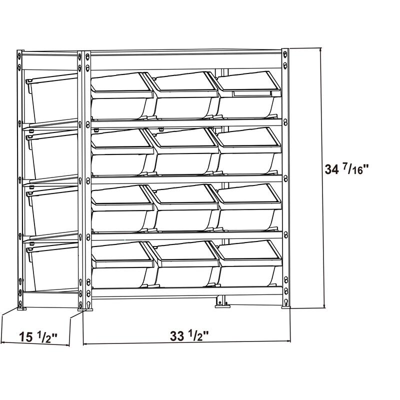 King's Rack Bin Rack Boltless Steel Storage System Organizer w/ 12 Plastic Bins in 4 tiers.