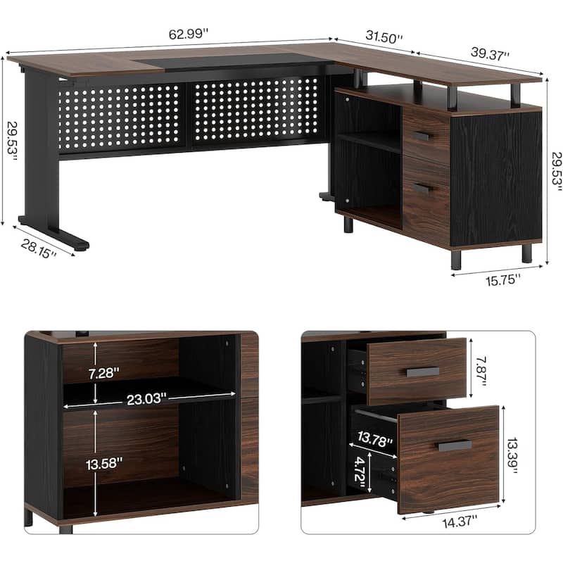 63'' Executive Desk, L Shaped Large Office Desk with File Cabinet