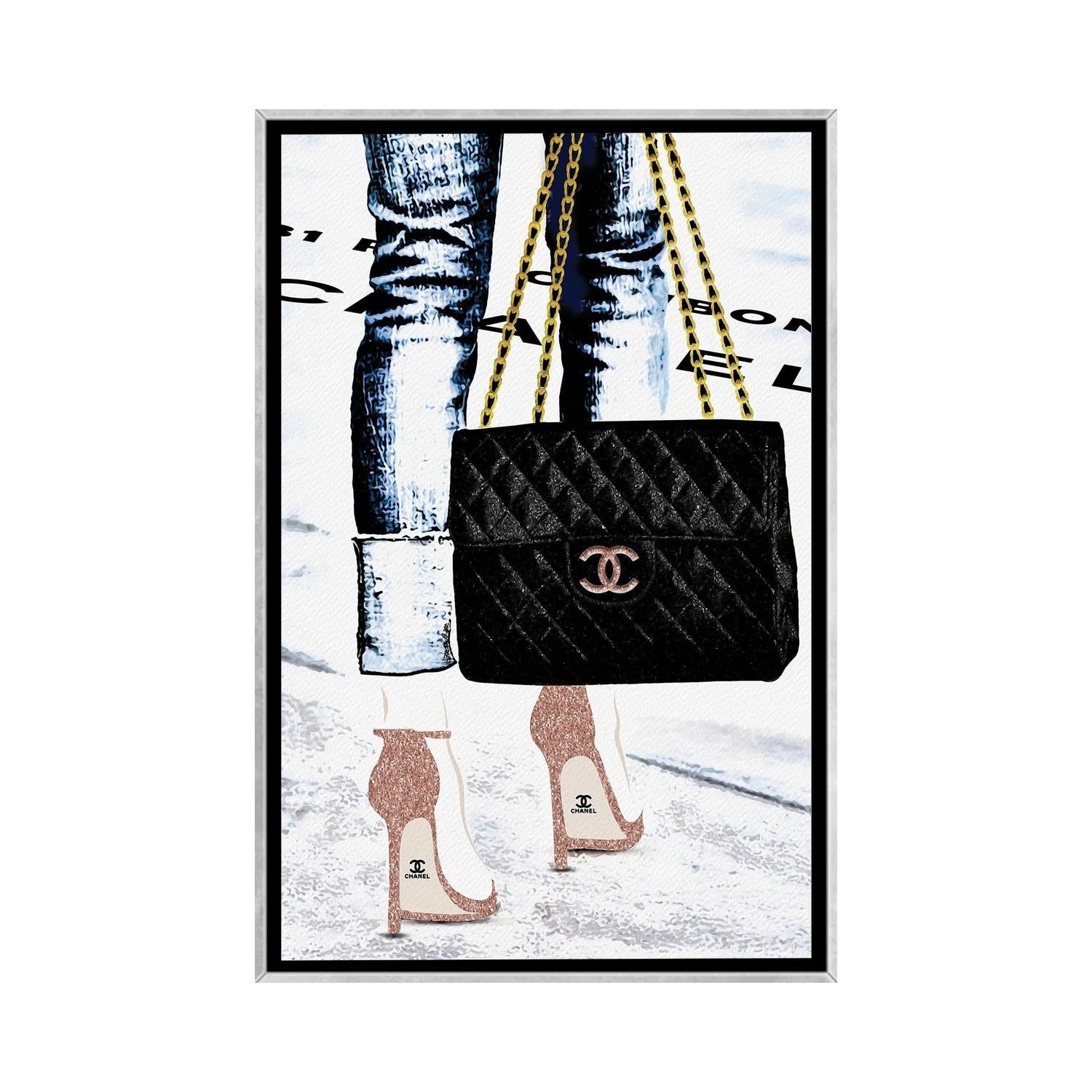 Framed Canvas Art (Gold Floating Frame) - Lady with The Chanel Bag I by Pomaikai Barron ( Fashion > Fashion Accessories > Bags & Purses art) - 26x18