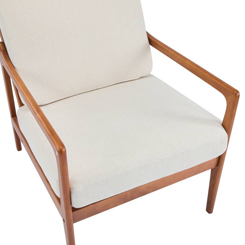 Mid Century Modern Accent Armchair, Solid Wood Frame with High Back, Beige Upholstered Cushions, Ergonomic Lounge Chair