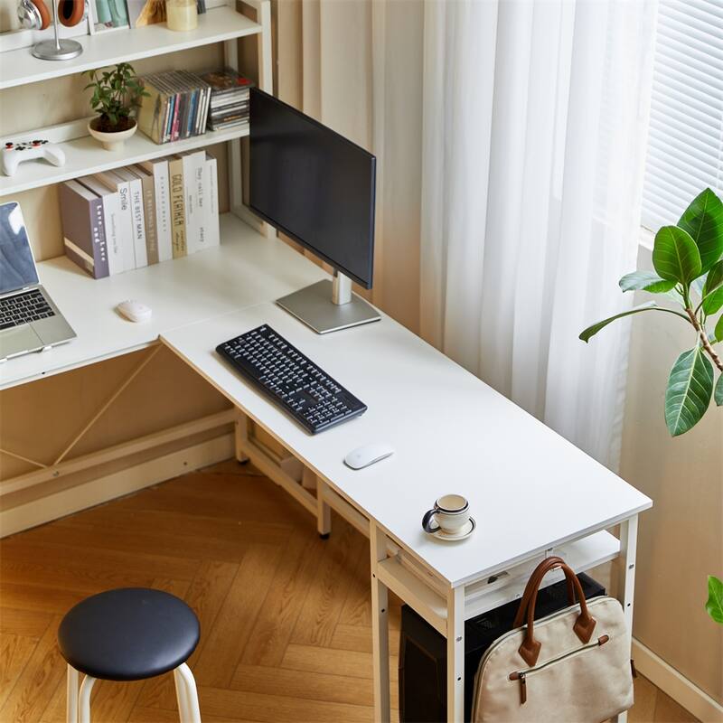 94.5" L Shape Home Office Desk with Storage Shelves and Stool