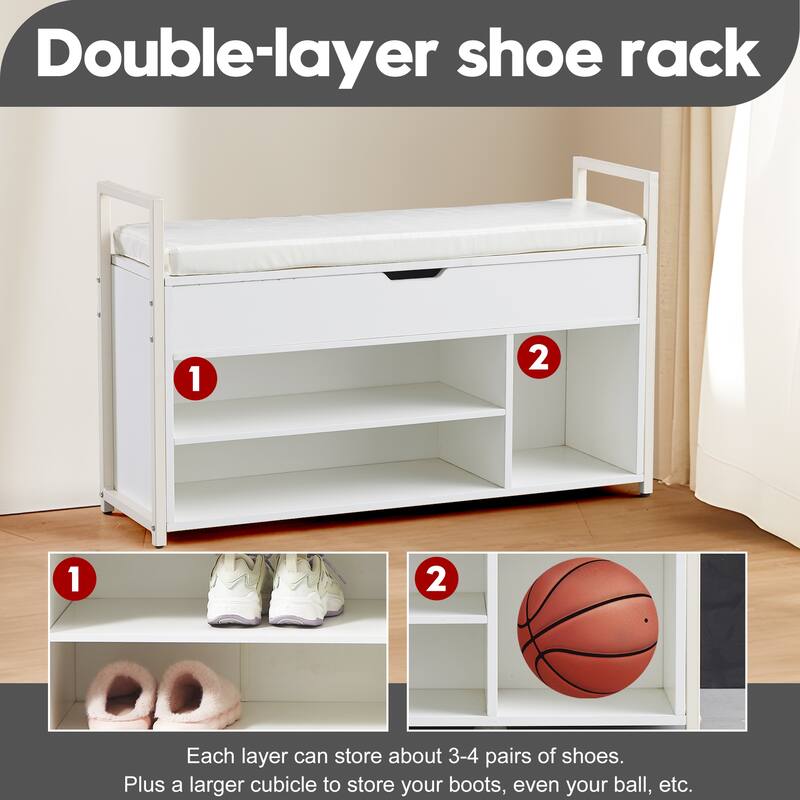 39" Wood Shoe Storage Bench with Cushion and Lift-Top Storage Box