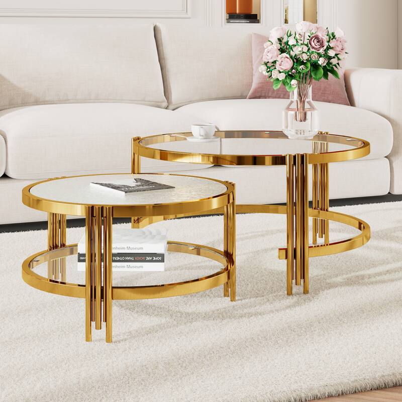 2-Piece Nesting Coffee Table Set, Round Glass Top Center Table with Lower Shelf, 2-Tier Metal Frame Storage Accent Tables