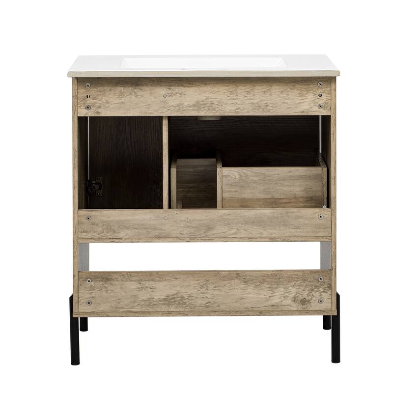 30" Modern Wood Fixture Bathroom Vanity with Sliding Drawer,Ceramic Basin Sink Top, Doors and Open Shelf