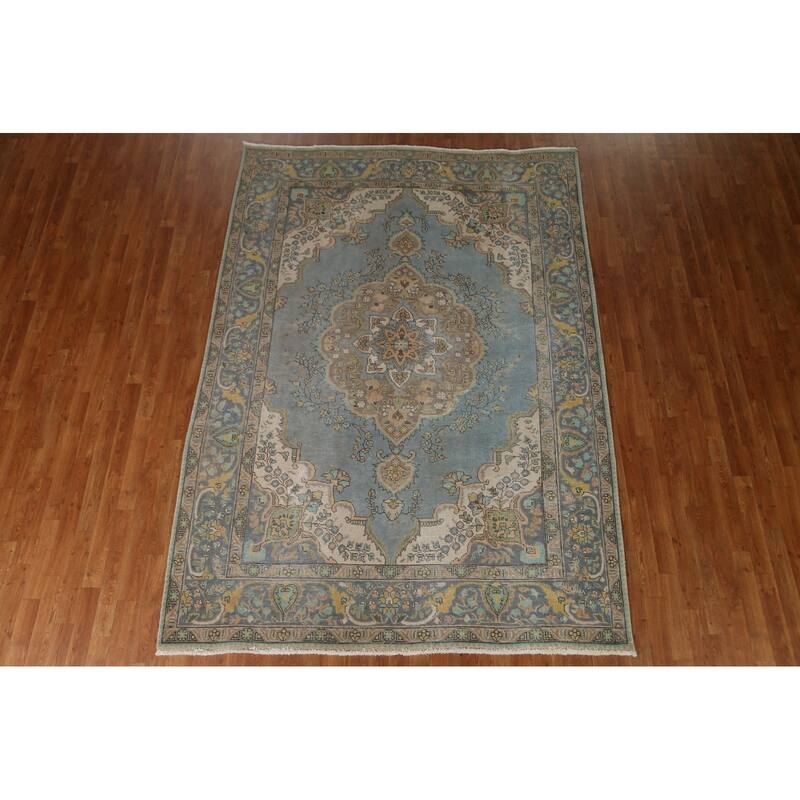 Hand Knotted Oriental 100% Wool Carpet Traditional Medallion Navy Blue & Blues Tabriz Area Rug - 9' 4'' X 6' 8''