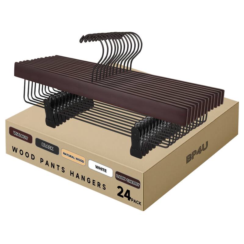 BP4U Premium Wooden Pants Hangers with Adjustable Clips, Solid Wood Skirt Hangers for Jeans, Slacks, Dresses - 24-Pack - Dark Cherry
