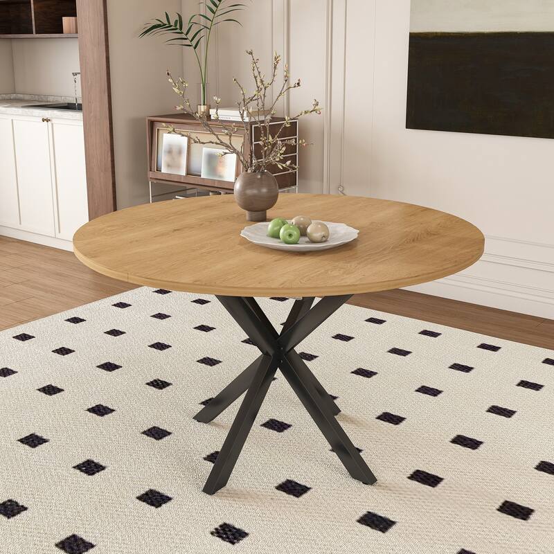 Extendable Round Dining Table for 2-6: 43" to 58" Oak Finish Expandable Table with Carbon Steel Space-Saving Base