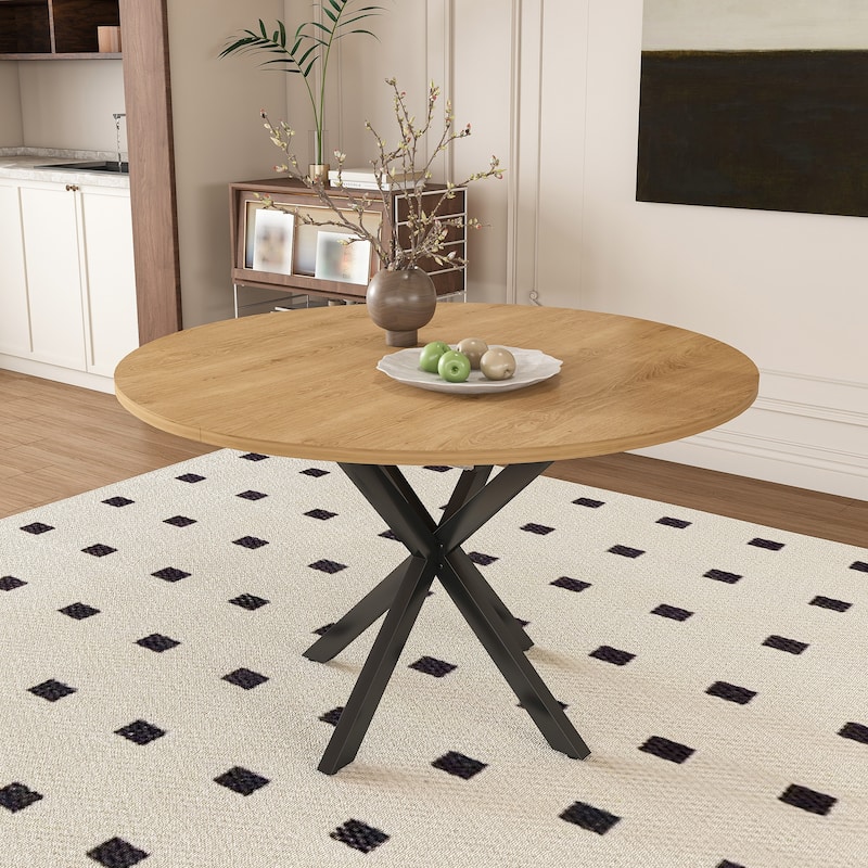 Roomfitters Extendable Round Dining Table for 2-6, 43 to 58 Inch Wood Veneer Expandable Table, Carbon Steel Base, Oak Finish