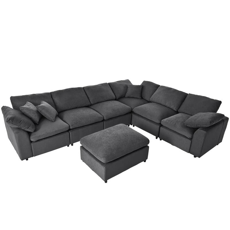 Grey 129.3'' Oversized L-Shaped 7-Seater Sectional Sofa with Ottoman and Pillow, Perfect for Living Room or Office
