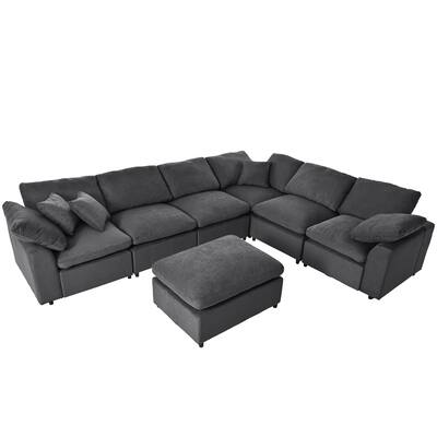 L-shaped Sectional Corner Modular Sofa with Ottoman and Pillows, Grey