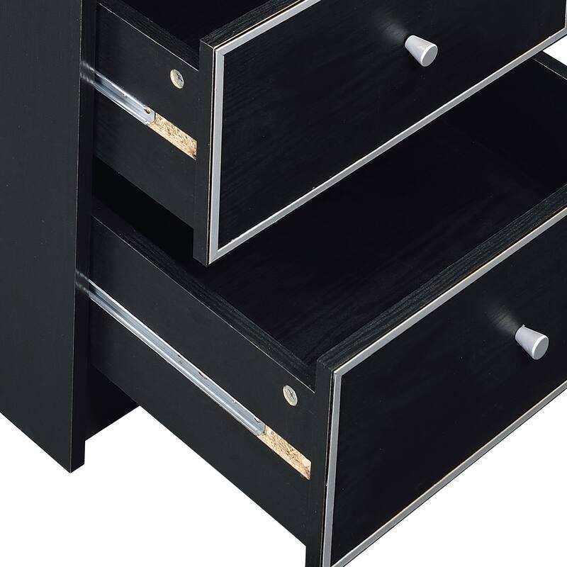 Black and Silver 2-Drawer Nightstand with Metal Glides