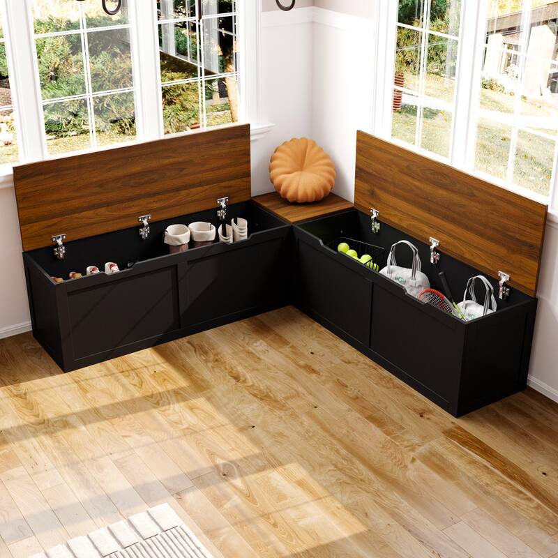 Corner Entryway Bench w/Hidden Storage White Oak Finish Shoe Cabinet