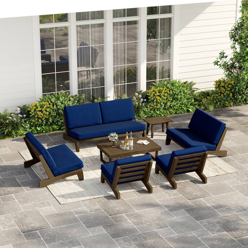 Casual Teak Wood Large 7-Piece Outdoor Patio Conversation Set