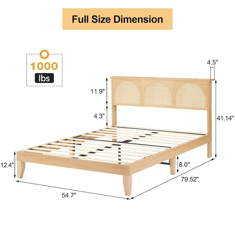 Ail Modern Wooden Platform Bed Frame Queen Size with Natural Rattan Headboard