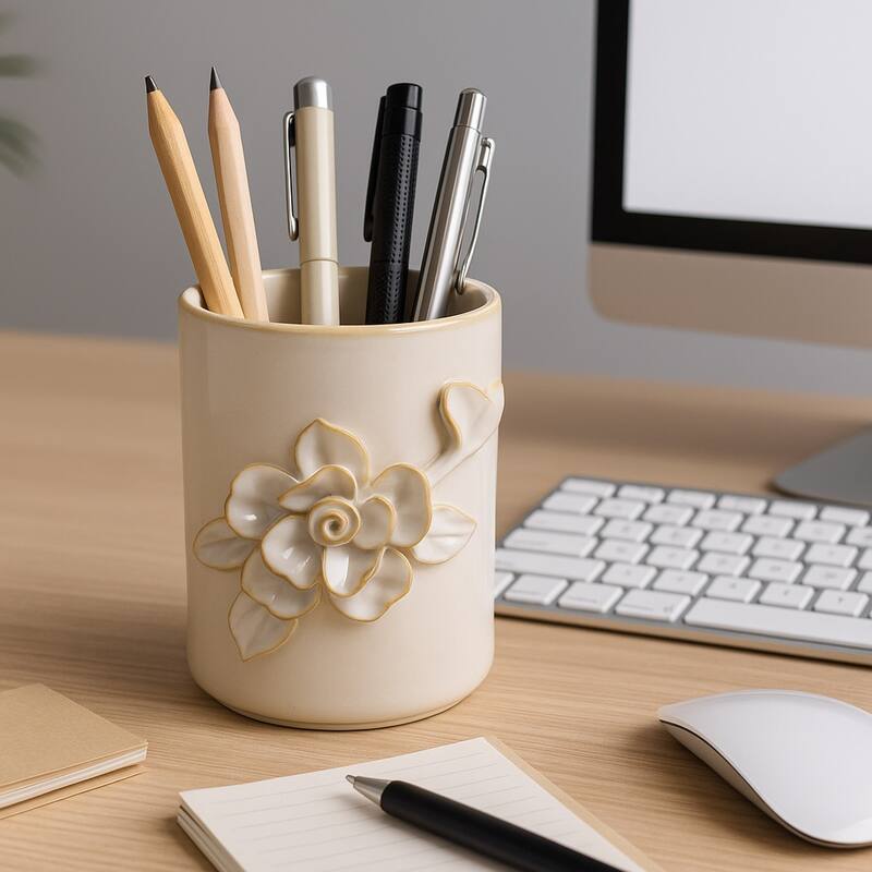 Stoneware Storage Container 3D Floral Sleek Contemporary Design