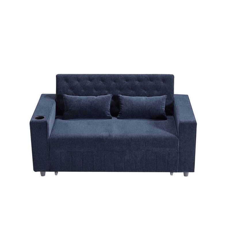 61.41" Chenille Convertible Sofa Bed with Adjustable Backrest, USB & Cup Holders