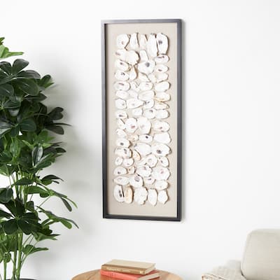 Cream Shell Handmade Abstract Shell Wall Decor with Beige Linen Backing and Black Frame