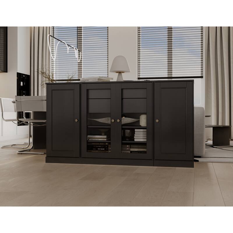 Palace Imports 100% Solid Wood 65" Sideboard with Solid, Clear Glass Doors, 2-Drawers and Adjustable Shelves - Black