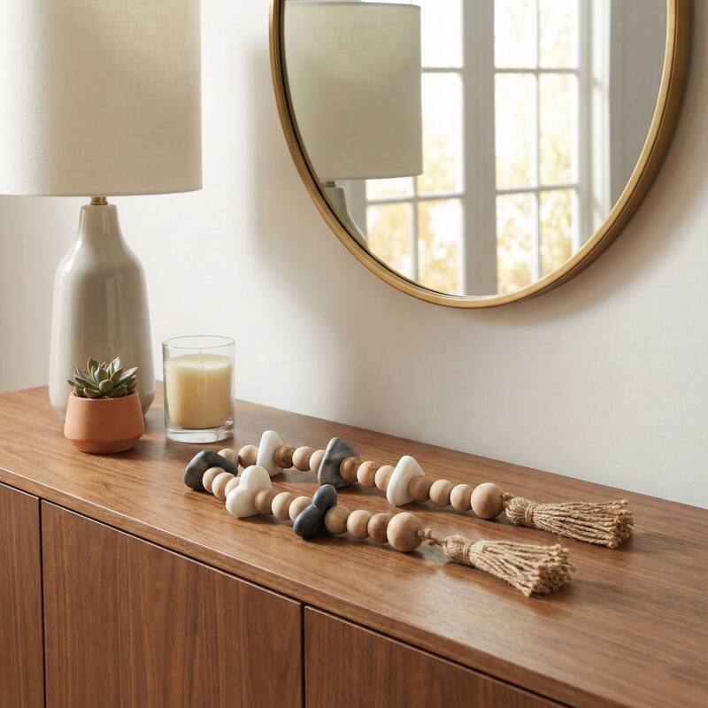 Decorative Acacia Wood Beaded Garland with Marble Heart Accents