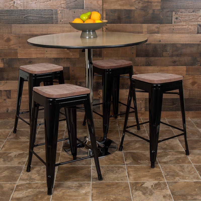 4 Pack 24" High Metal Indoor Counter Bar Stool with Wood Seat - Stackable Stool - Black
