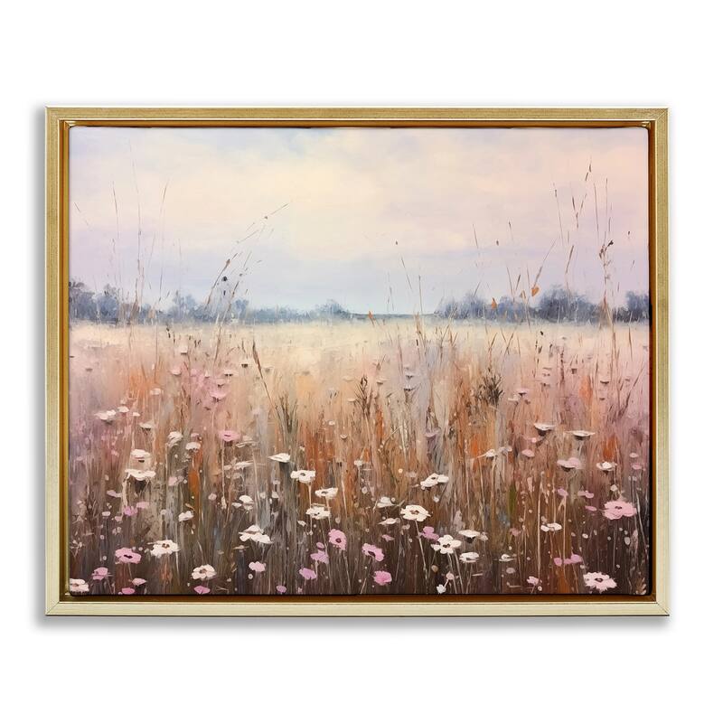 Stupell Neutral Tone Wildflower Field Framed Floater Canvas Wall Art Design By Arlington Prints - 31 x 25 - Gold